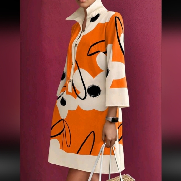 Dresses & Skirts - Random Floral Print Loose Fit Women V-Neck 3/4 Sleeve Midi Dress